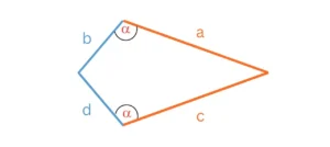 Abbildung Drachenviereck mit den Seiten a, b, c, d und den gleich großen Winkeln α