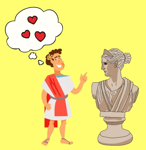 Ein Mann, der in alten griechischen Gewändern gekleidet ist, zeigt auf eine Frauenstatue. Über ihm befindet sich eine Gedankenblase mit Herzen.