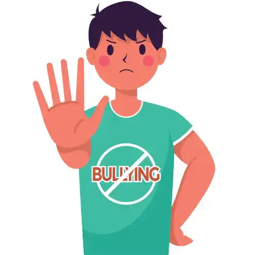 Ein Junge signalisiert mit seiner Hand "Stopp" und auf seinem T-Shirt steht das Wort "Bullying" durchgestrichen als Stoppzeichen.