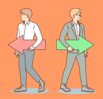 Konflikt Zwei Männer, die entgegengesetzte Pfeile in der Hand halten und in unterschiedliche Richtungen gehen als Sinnbild für einen Konflikt.