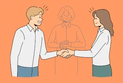 Konfliktmanagement Mediation Zwei Personen, die sich die Hände schütteln und ein Mediator zwischen ihnen im Hintergrund.