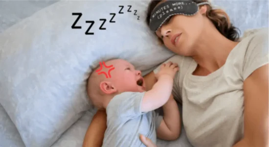 Unsicher-ambivalente Bindung, symbolisiert durch ein schreiendes Baby und eine daneben liegende schlafende Mutter.