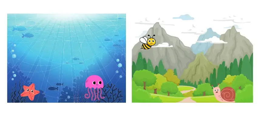 Abbildung eines Ozeans und Bergen mit wirbellosen Tieren