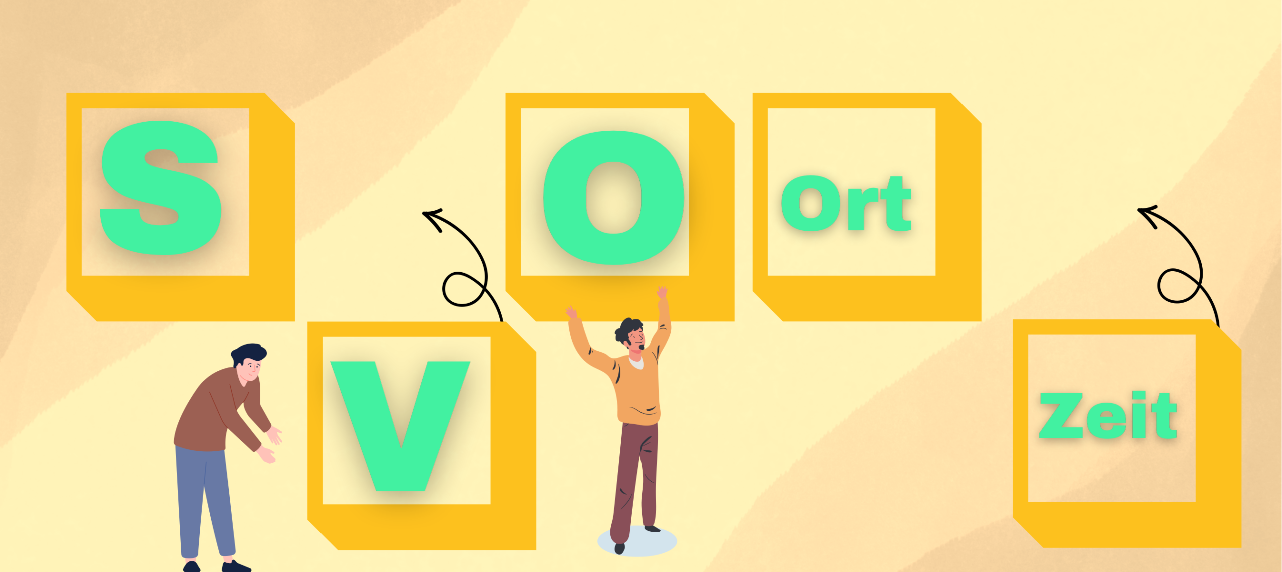 Englisch Satzbau- S-V-O und Ort-vor-Zeit-Regelung Auf dem Bild sind Kästchen mit den einzelnen Gliedern S-V-O und Ort-vor-Zeit, für den Satzbau auf Englisch zu sehen.