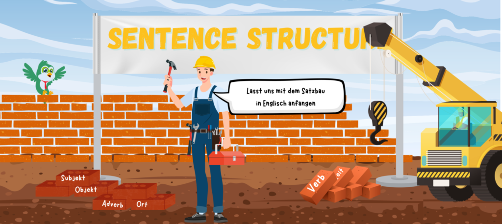 Ein Bauarbeiter der eine Mauer zusammenbaut. Di e Bausteine bestehen aus den Satzgliedern und auch die Baustelle hat ein Schild mit der Überschrift Satzbau auf Englisch.