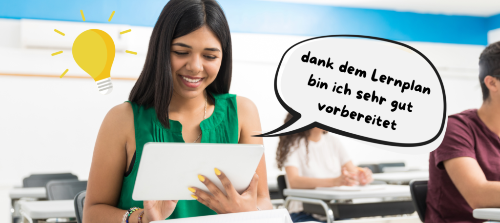 Das Bild zeigt wie das Mädchen erleichtert ist, da sie durch den Lernplan bereit für die Prüfung ist.
