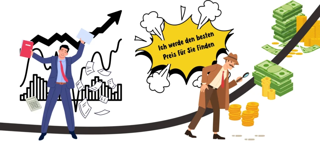 Im Bild sieht man einen Dedektiven der nach dem besten Preis sucht. Rechts von ihm steht sein Klient, welcher ihm dabei unterstützt mit den Informationen aus derMarktanalzse. Hinter Ihnen befindet sich eine Kurve die die Preis-Absatz-Funktion darstellen soll und je höher sie steigt desto teuerer wird der Preis.