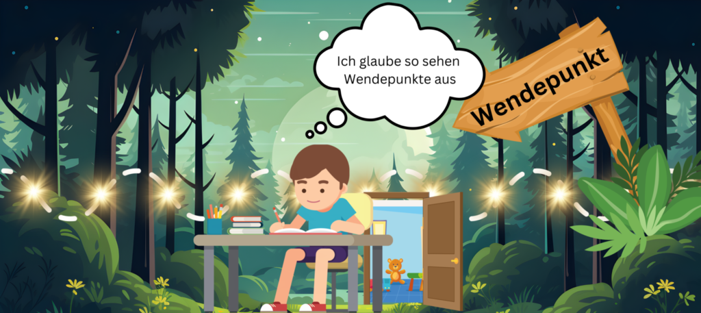 Ein junge der gerade den Wendepunkt ausrechnet und sich in seinen Imaginären Vorstellung den Wendepunkt vorstellt.