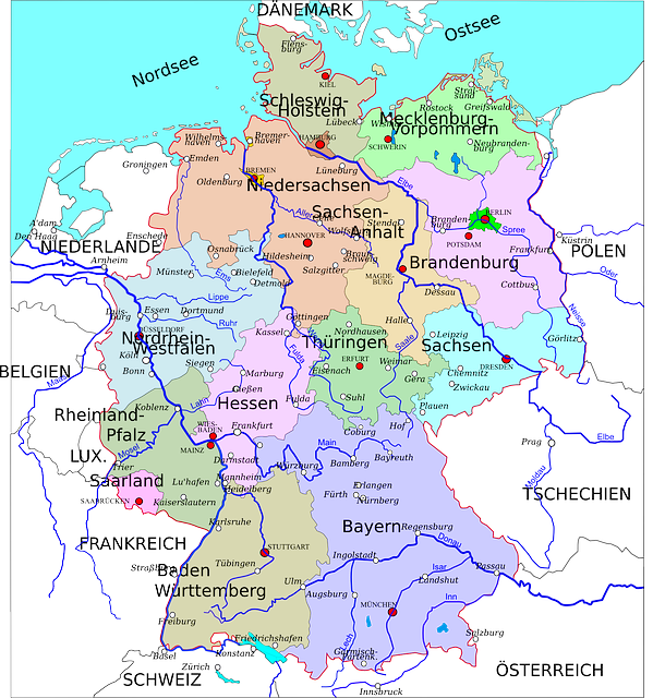 Karte der 16 Bundesländer und ihren Hauptstädten