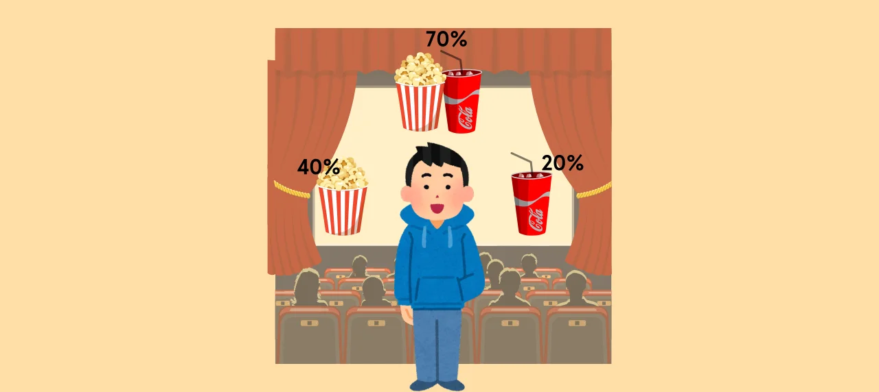 satz von bayes beispielaufgabe Person im Kino, um sie herum Popcorn und Cola. Daneben Wahrscheinlichkeitsbezeichnungen aus der Aufgabe.