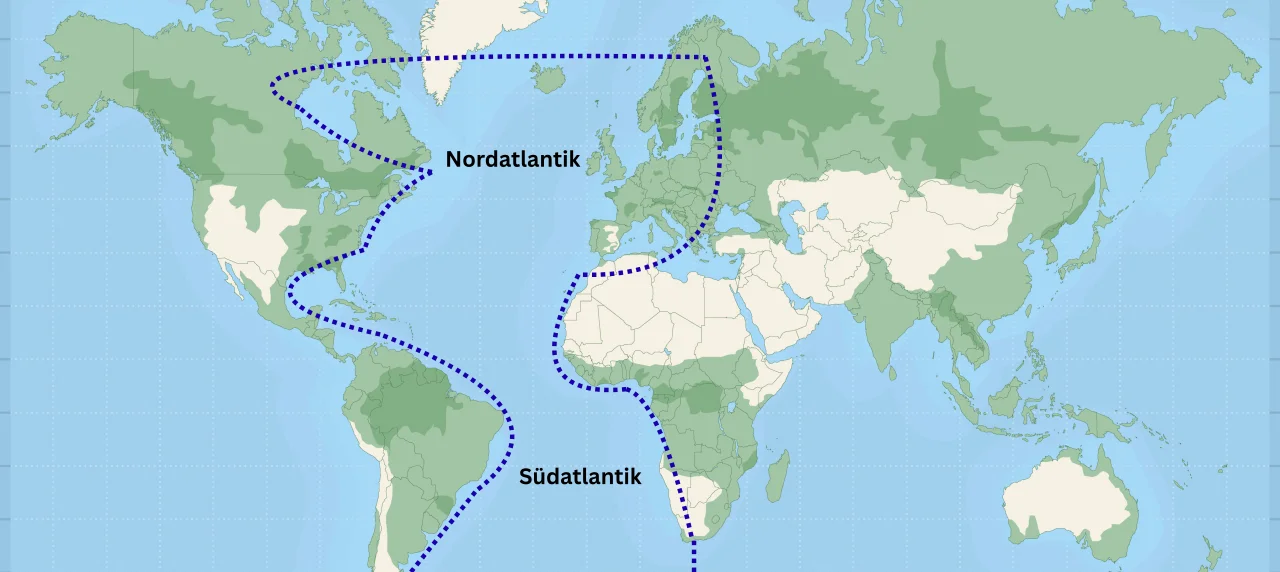 Karte die zeigt, wo der Südatlantik und Nordatlantik liegen.