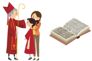 Aufgaben-des-Klerus kirchliche person die kind segnet. rechts eine bibel.