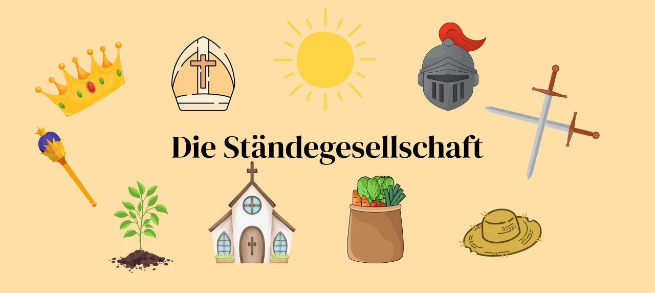 Verschiedene Symbole die die Ständegesellschaft wiederspiegeln: Zepter, Krone, Bischofsmütze, Sonne, Ritterhelm, Schwerter, Strohhut, Gemüsesack, Kirche, Pflanze
