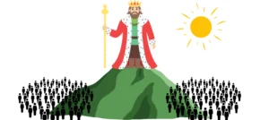 Staendegesellschaft-Frankreich König auf Berg. Unten am Berg viele Personen. Ständegesellschaft Frankreich