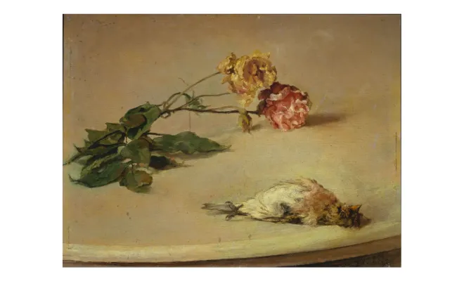Ein Vanitas Stillleben Gemälde mit einem toten Vogel und verwelkten Blumen