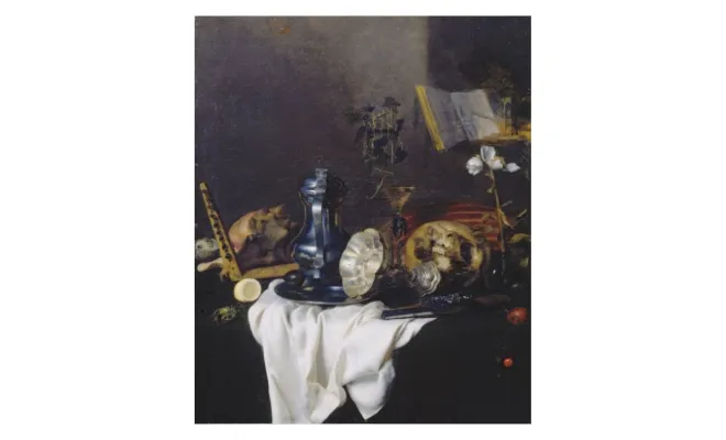 Ein Vanitas Stillleben Gemälde in dem ein Totenschädel und Pistole