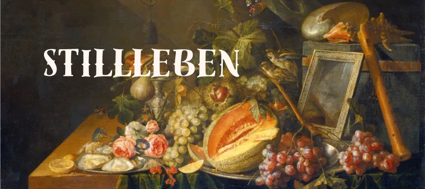 Stillleben Aufschrift vor einem Gemälde, wo Luxusgüter auf einem Tisch abgebildet werden